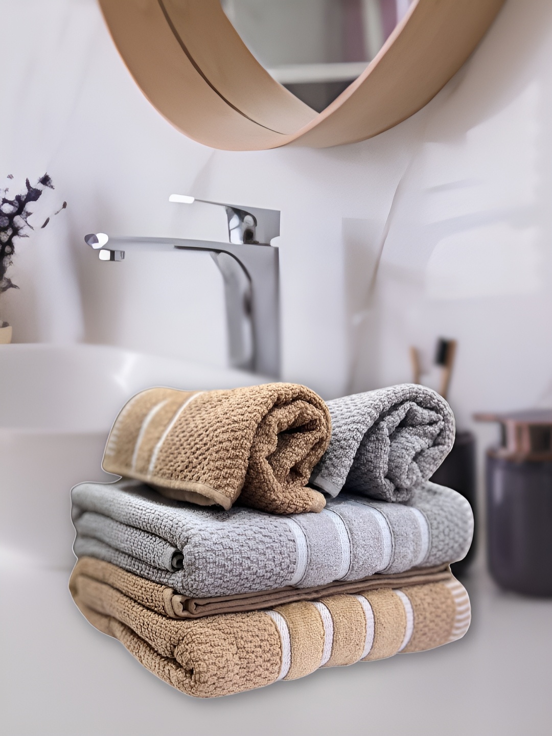 

eurospa Grey & Beige 4 Pieces Striped Terry Cotton 480 GSM Towel Set