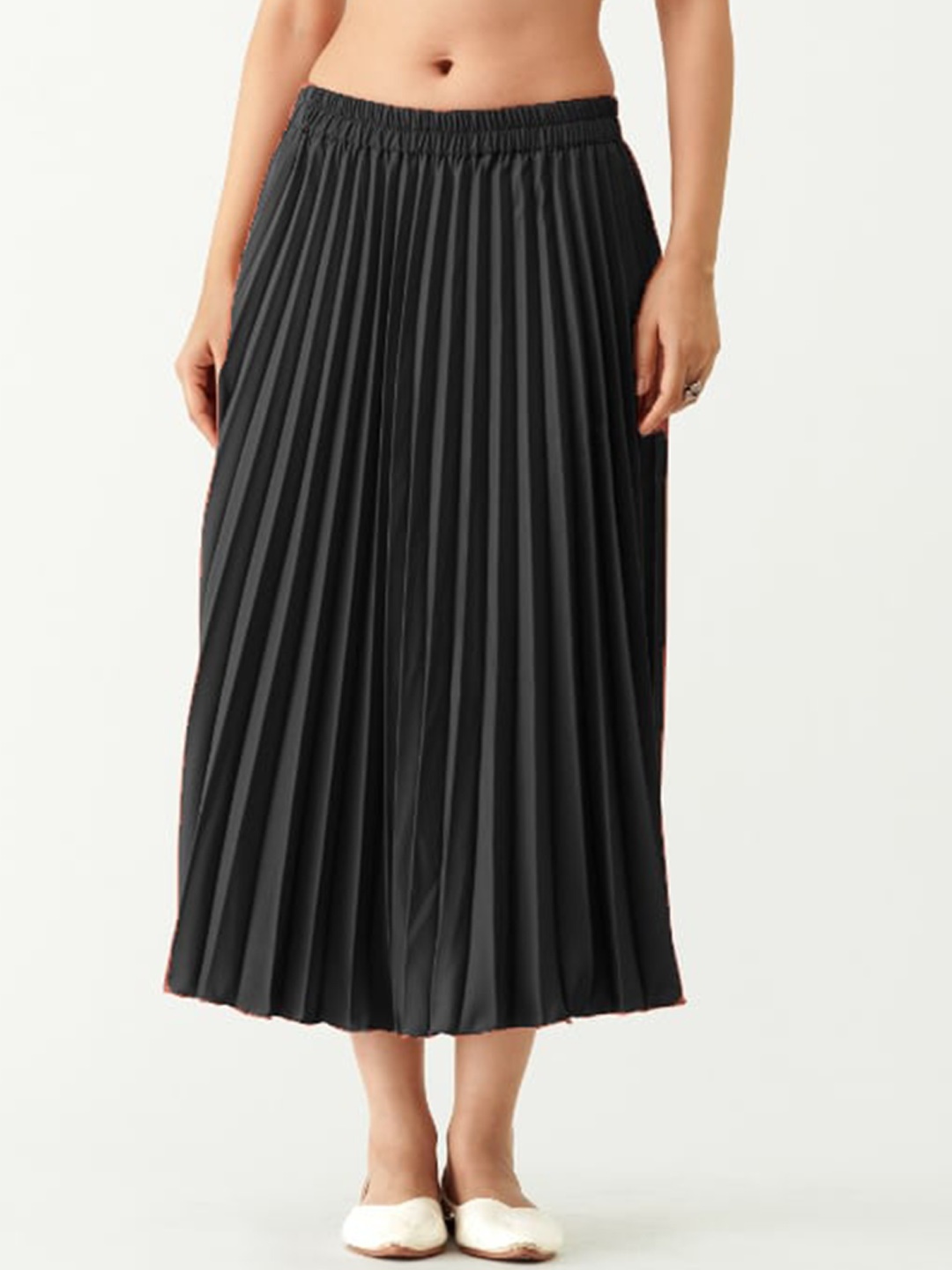 

Femvy Pleated Flared Midi Skirt, Black