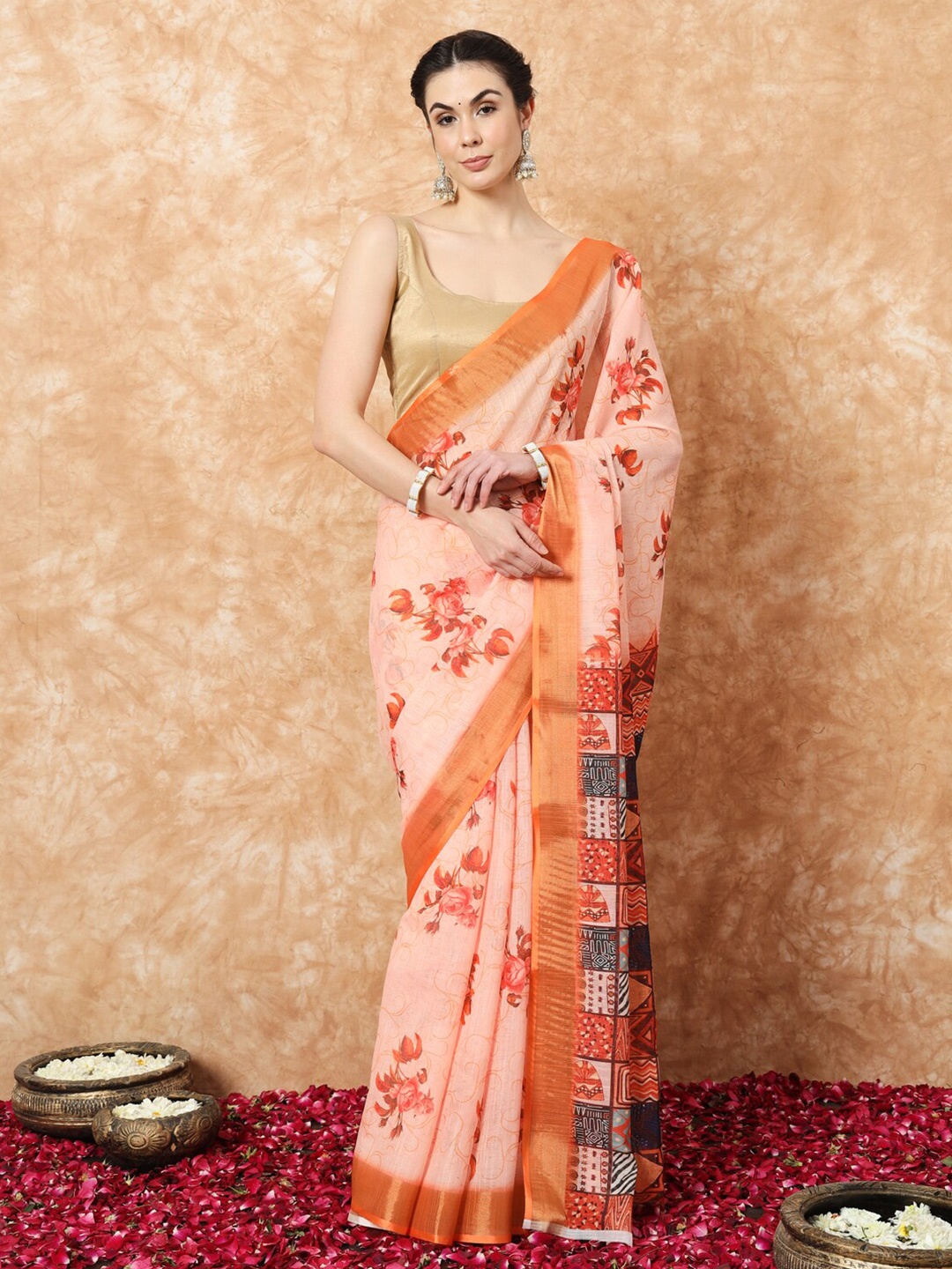 

Stylefables Floral Zari Linen Blend Khadi Saree, Pink