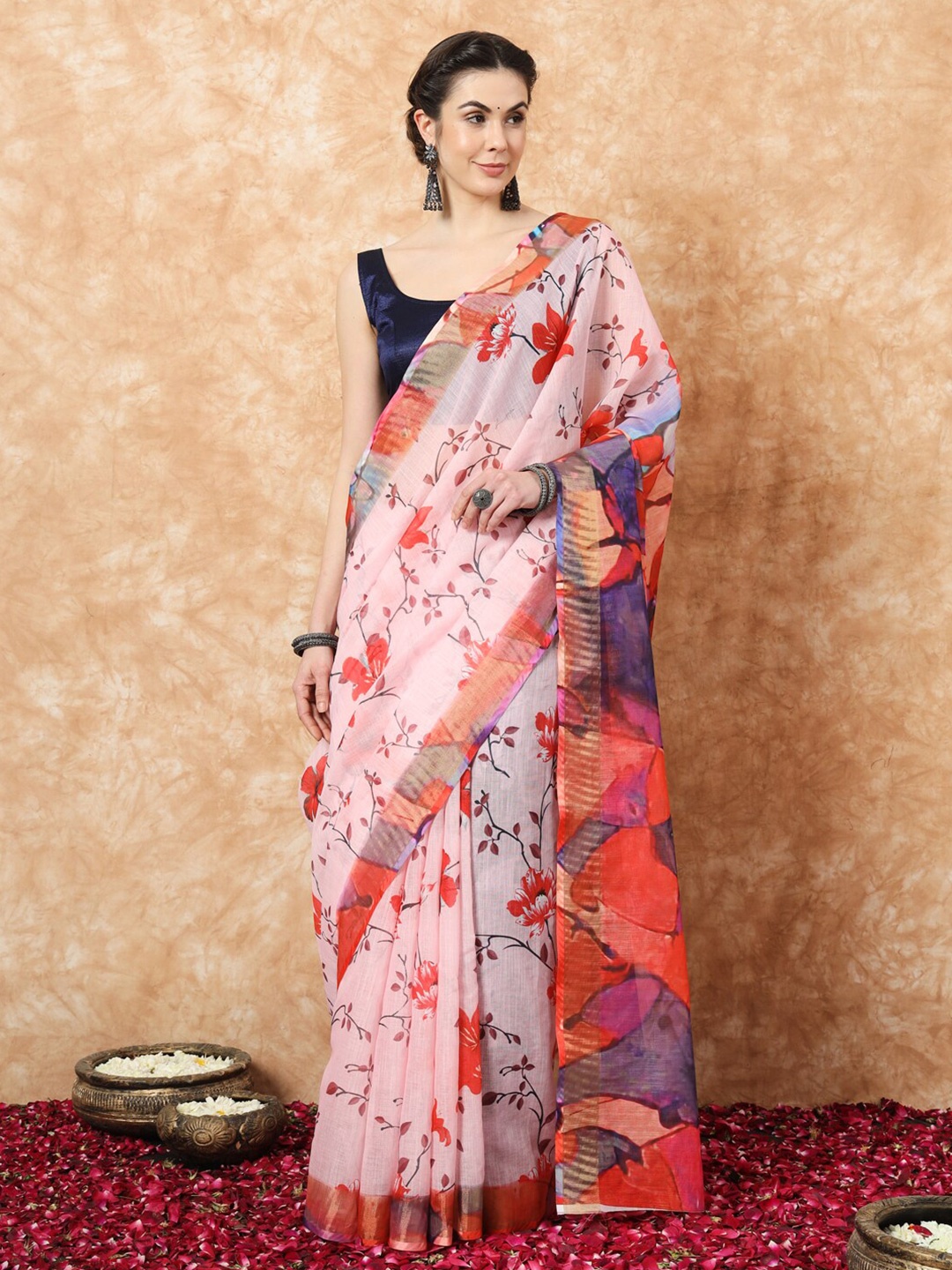 

Stylefables Floral Linen Blend Khadi Saree, Pink