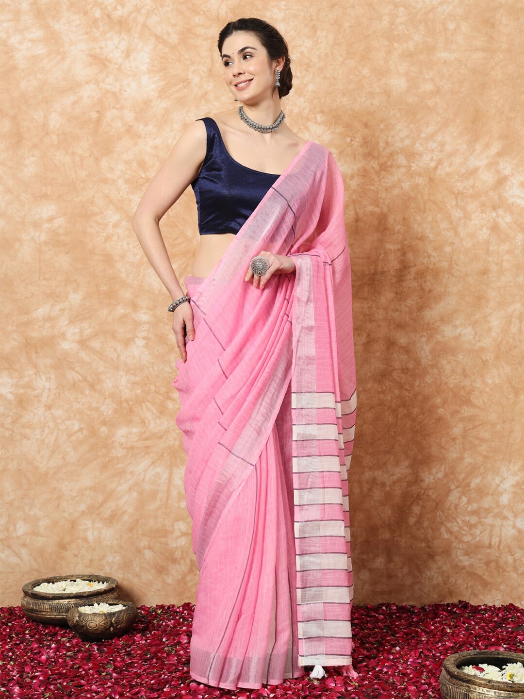 

Stylefables Striped Zari Linen Blend Khadi Saree, Pink