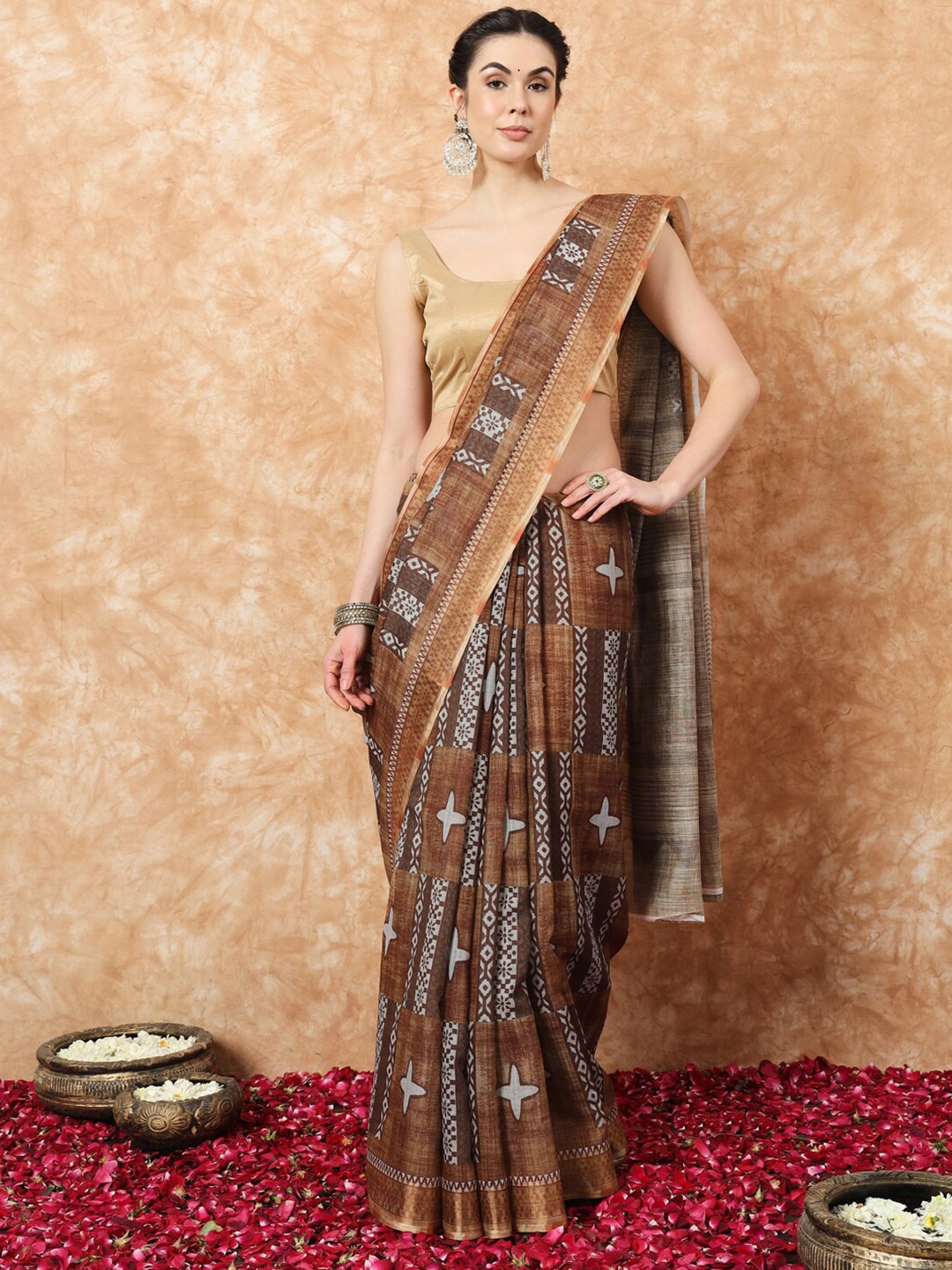 

Stylefables Abstract Printed Bagru Saree, Brown