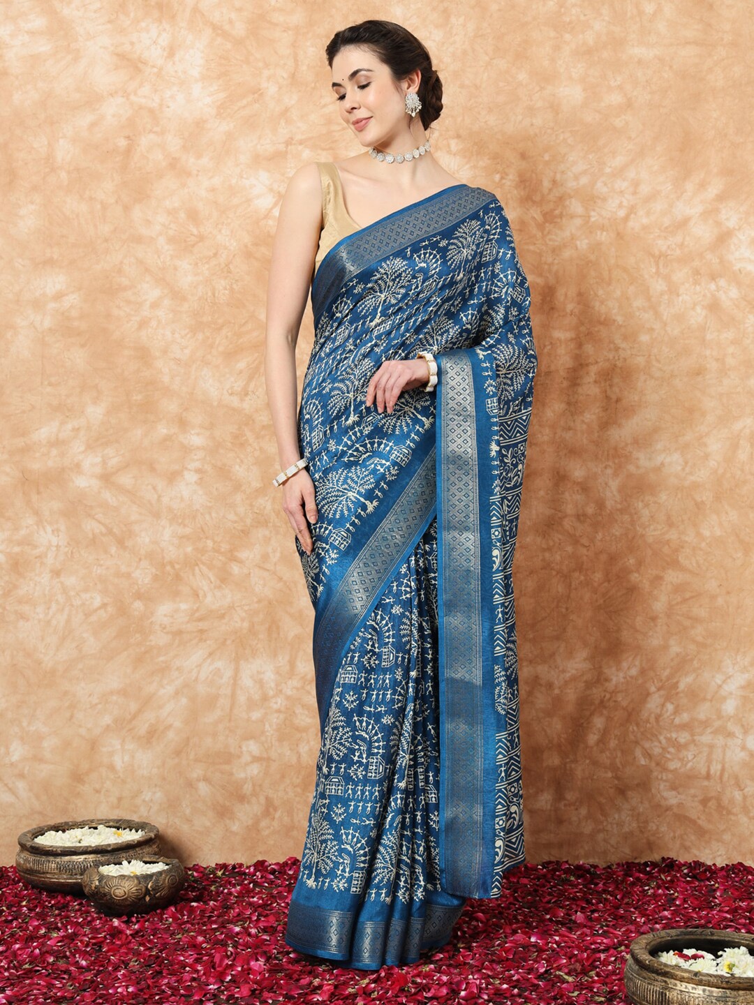 

Stylefables Ethnic Motifs Printed Zari Mysore Silk Saree, Blue