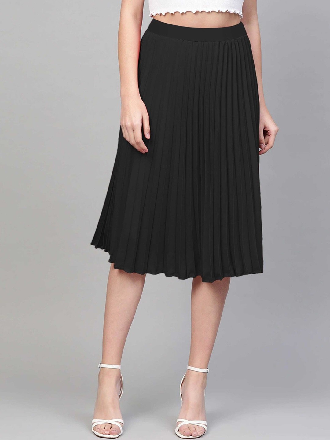 

Femvy Pleated Flared Knee Length Skirt, Black
