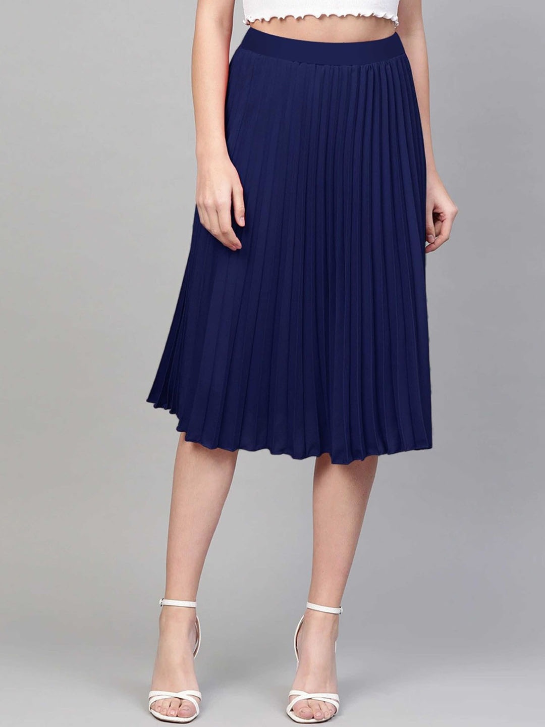 

Femvy Pleated Flared Knee Length Skirt, Blue