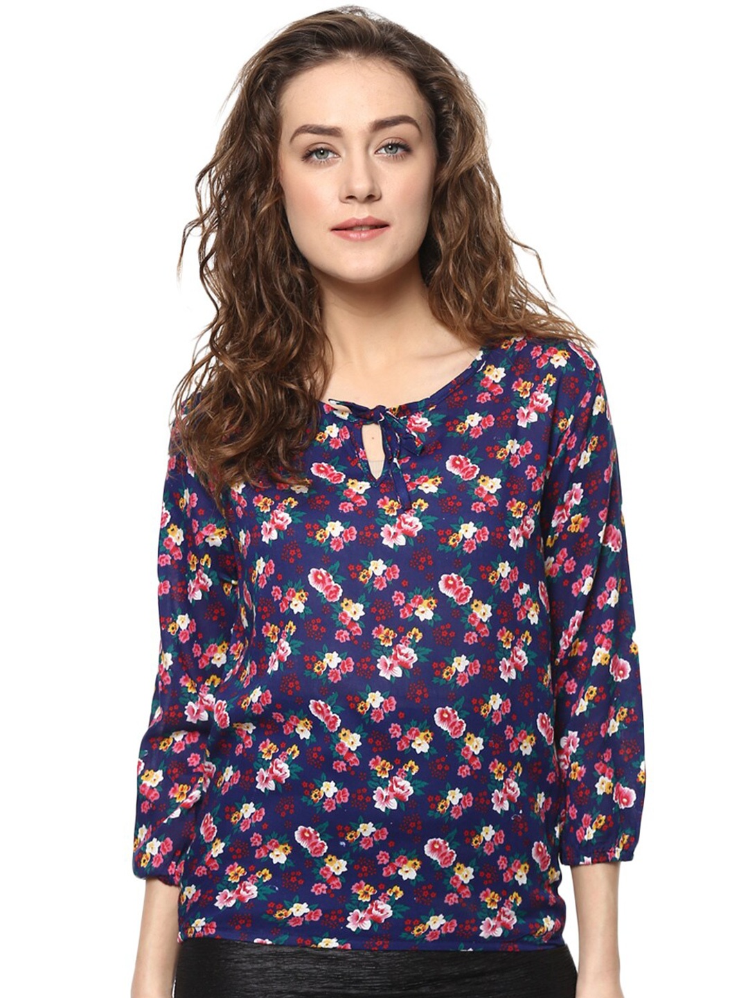 

Mayra Floral Printed Keyhole Neck Top, Navy blue