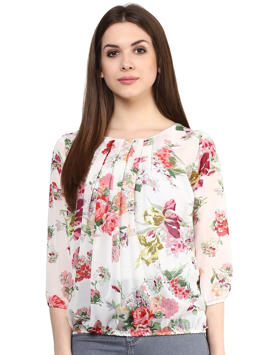 

Mayra Floral Print Puff Sleeve Crepe Blouson Top, Off white