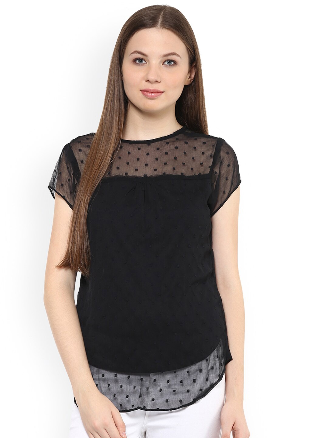 

Mayra Self Design Round Neck Top, Black