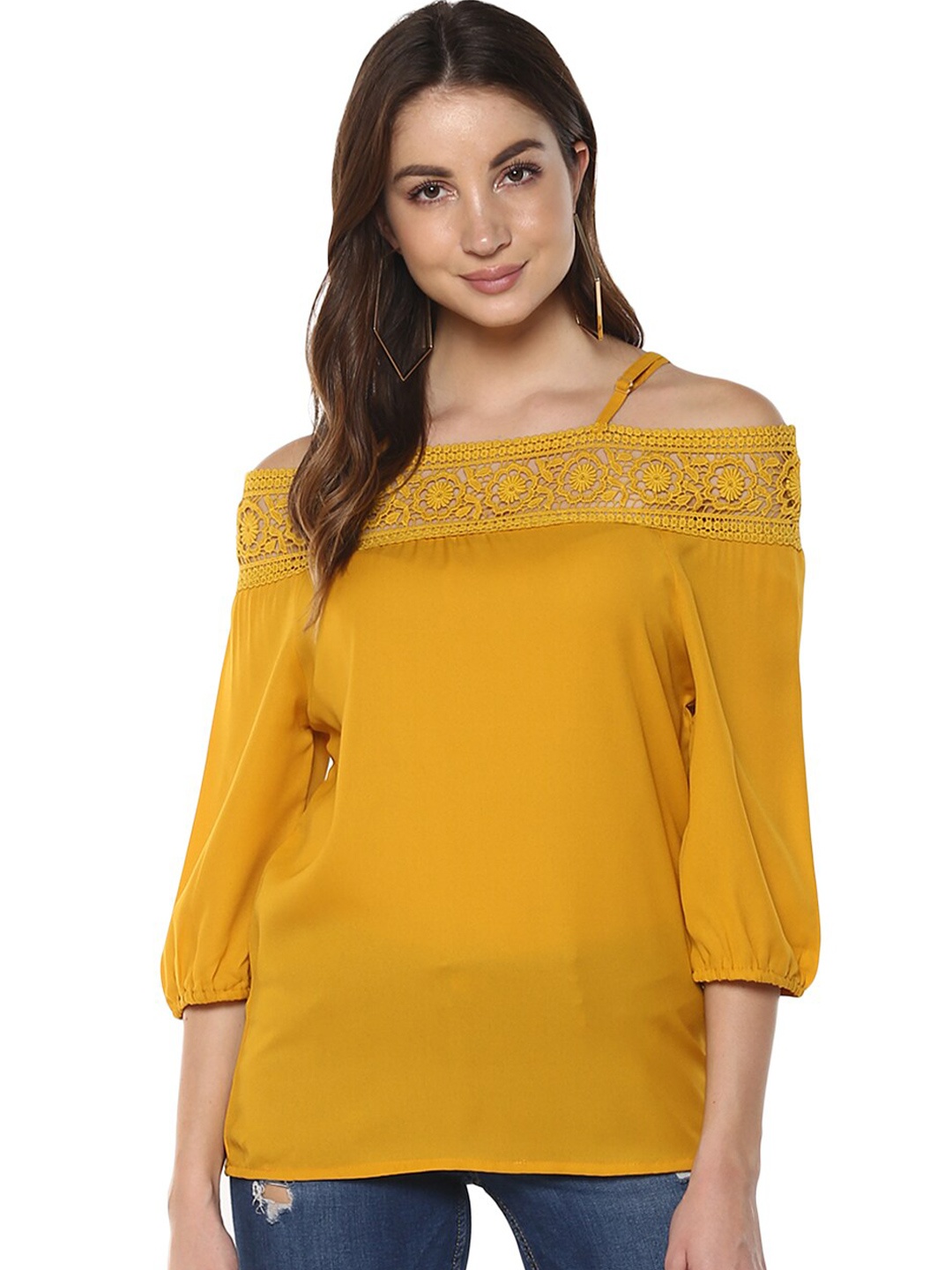 

Mayra Self Design Cold-Shoulder Crepe Bardot Top, Mustard