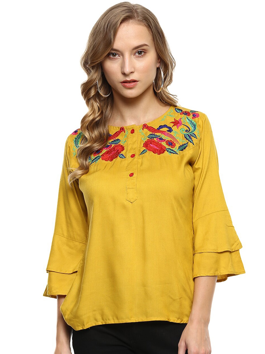 

Mayra Floral Embroidered Bell Sleeve Crepe Top, Yellow