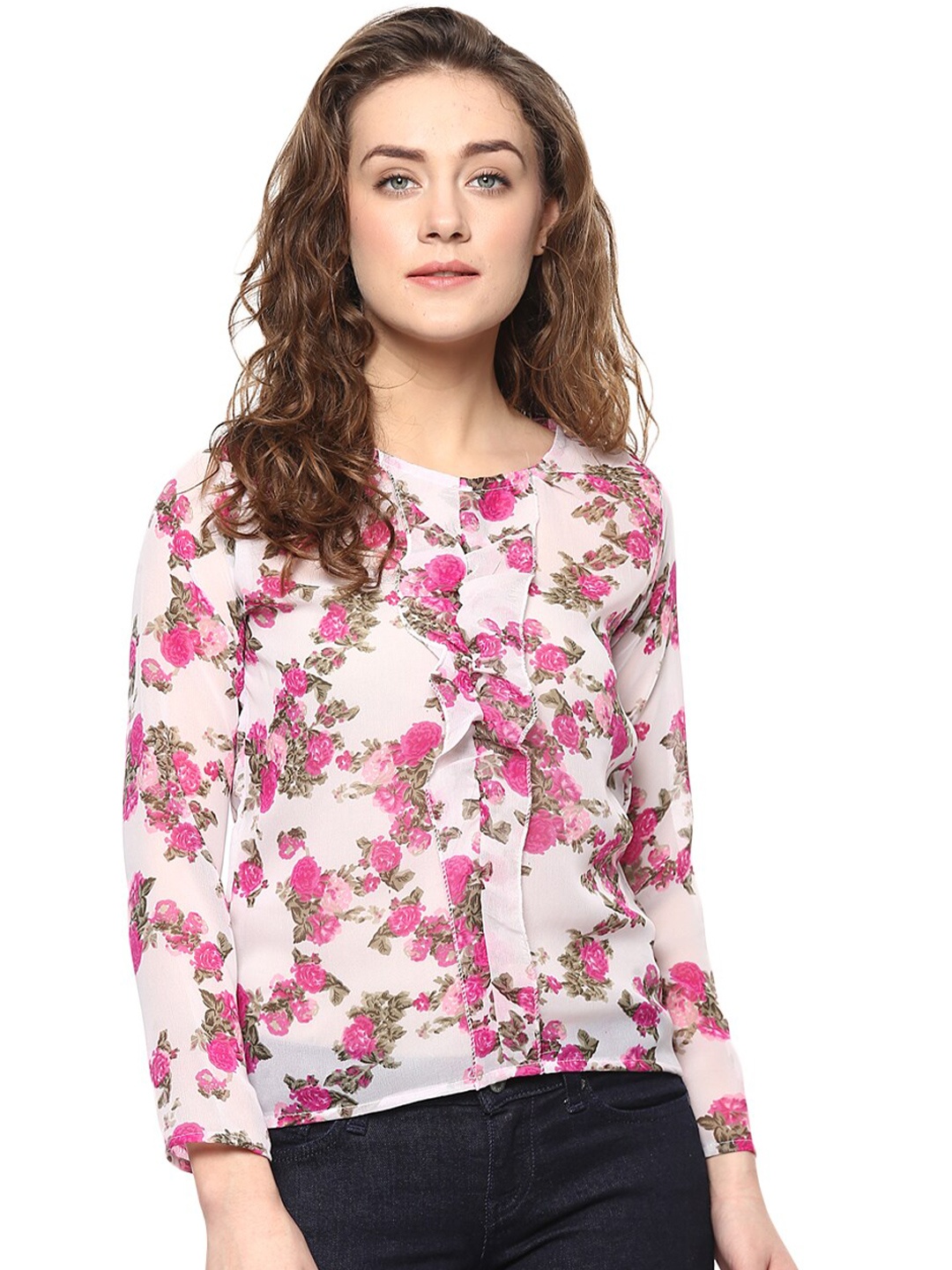 

Mayra Floral Printed Long Sleeves Ruffled Georgette Top, Off white