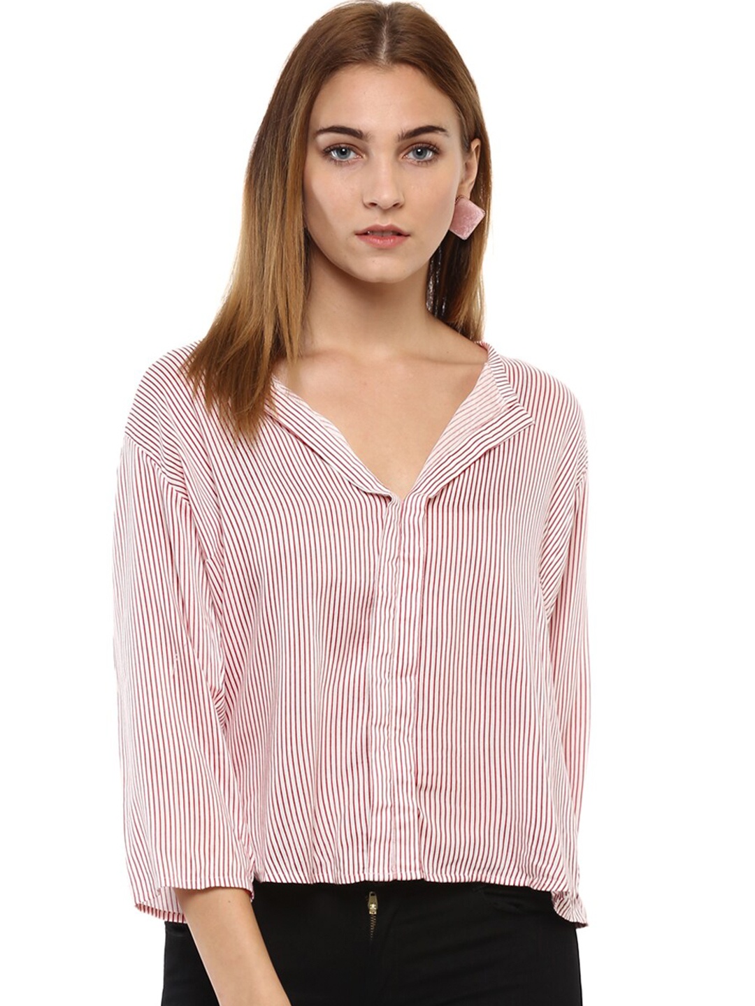 

Mayra Vertical Striped High-Low Crepe Shirt Style Top, Pink