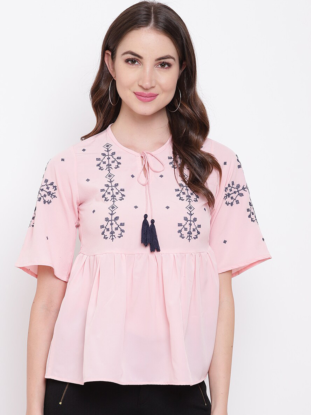 

Mayra Geometric Embroidered Tie-Up Neck Pleated A-Line Top, Pink