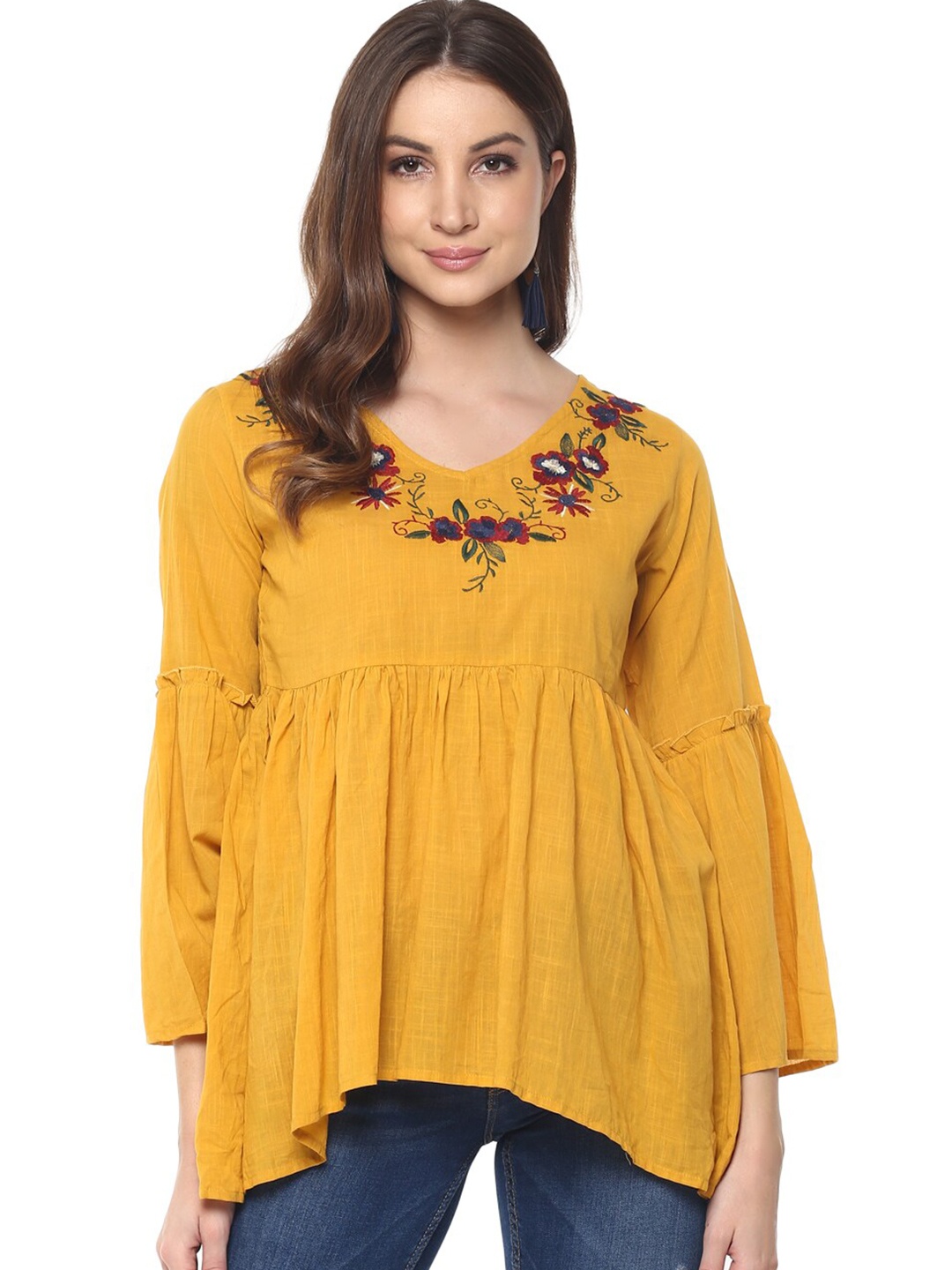 

Mayra Floral Embroidered Bell Sleeves Cotton A-Line Top, Yellow