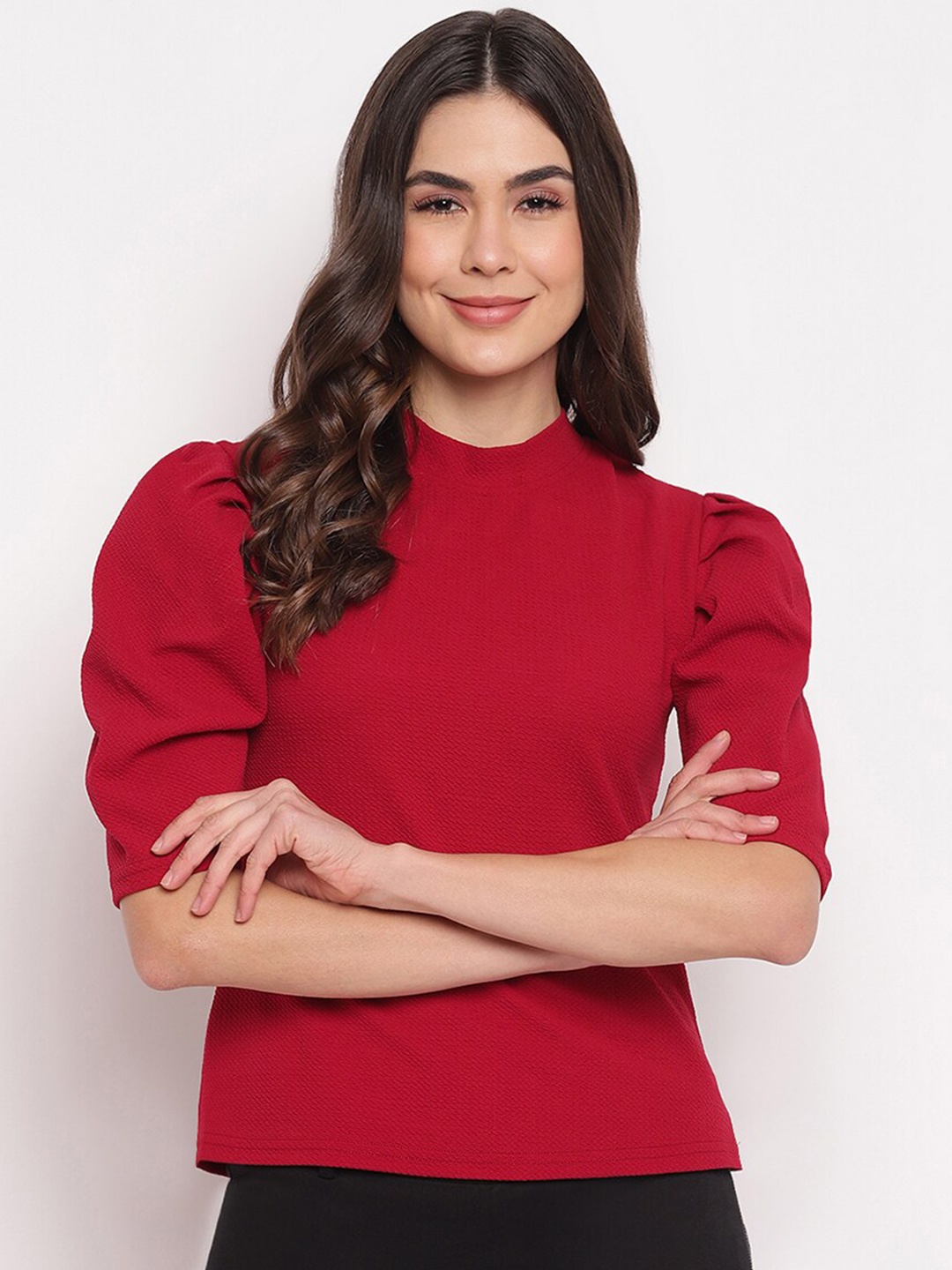 

Mayra High Neck Puff Sleeves Top, Red