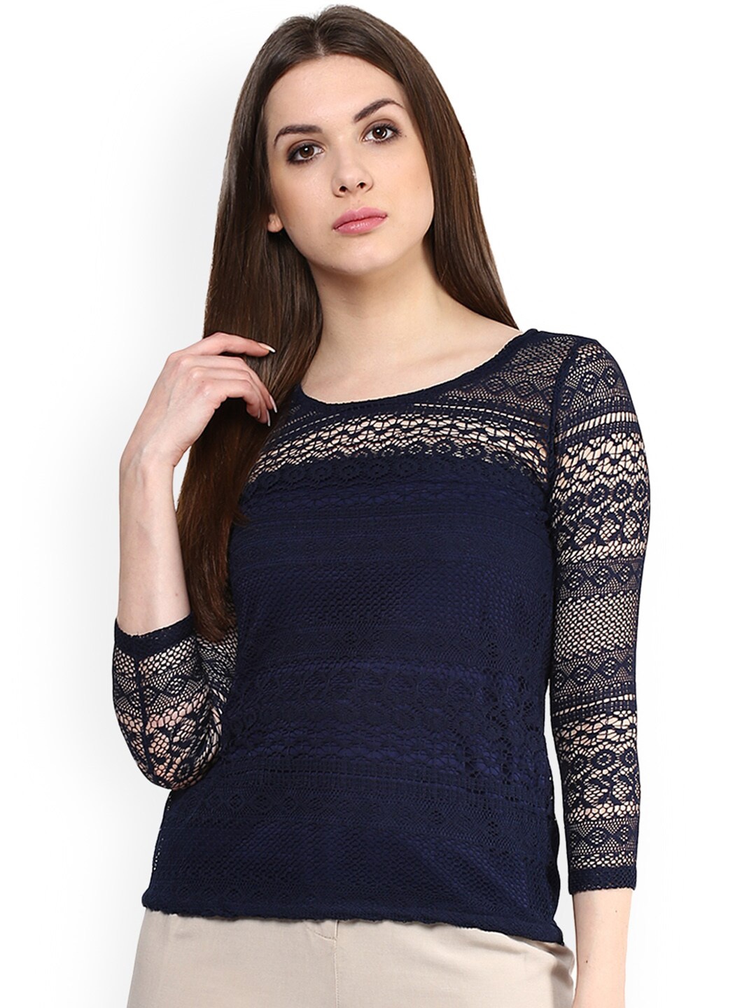 

Mayra Self Design Round Neck Net Top, Navy blue