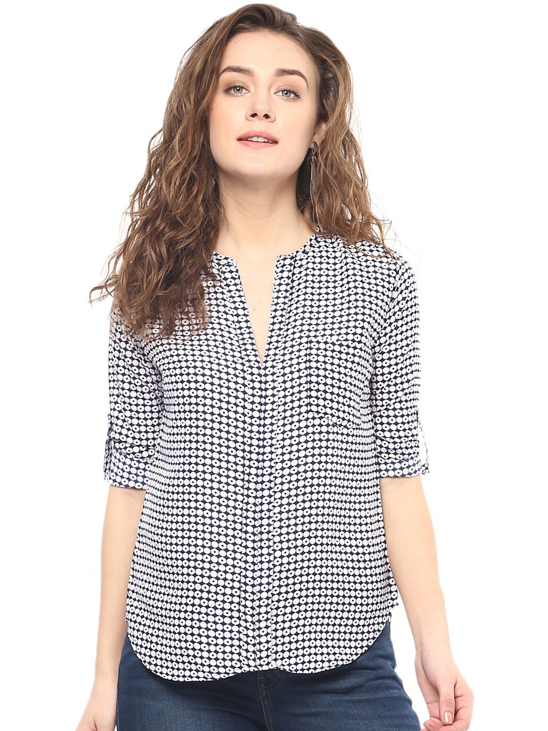 

Mayra Geometric Print Roll-Up Sleeves Crepe Shirt Style Top, Navy blue