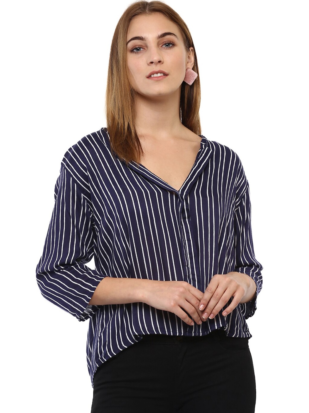 

Mayra Vertical Striped V-Neck Crepe Shirt Style Top, Navy blue