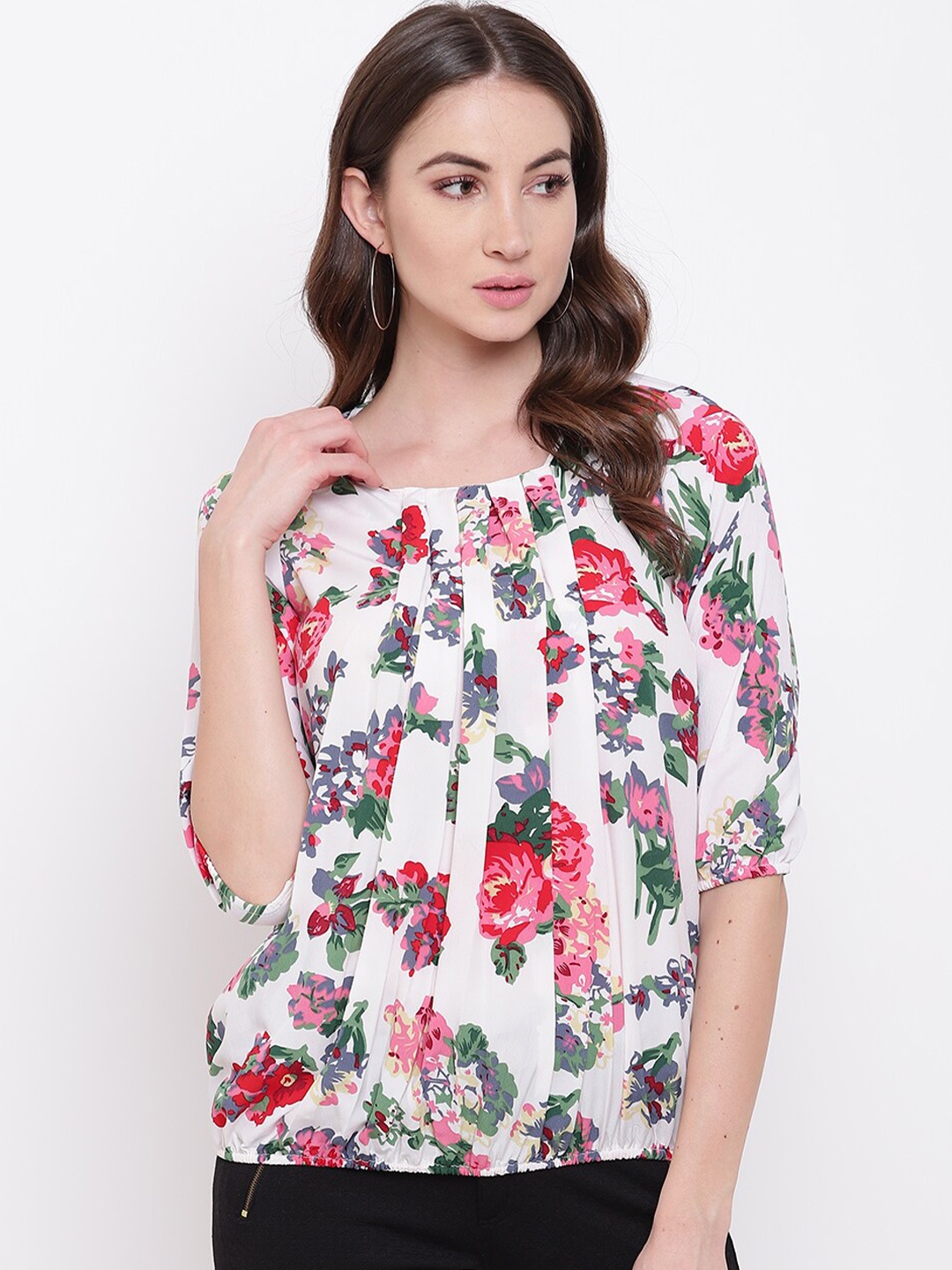 

Mayra Floral Printed Puff Sleeve Crepe Top, Off white