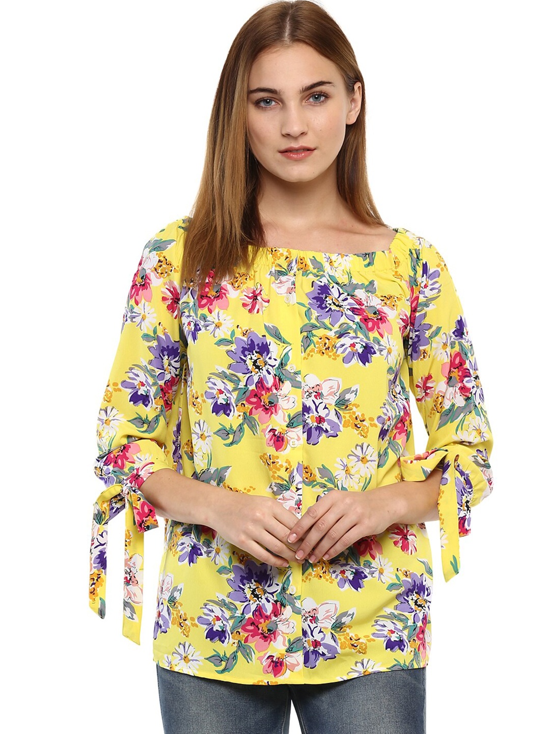 

Mayra Floral Printed Square Neck Crepe Top, Yellow