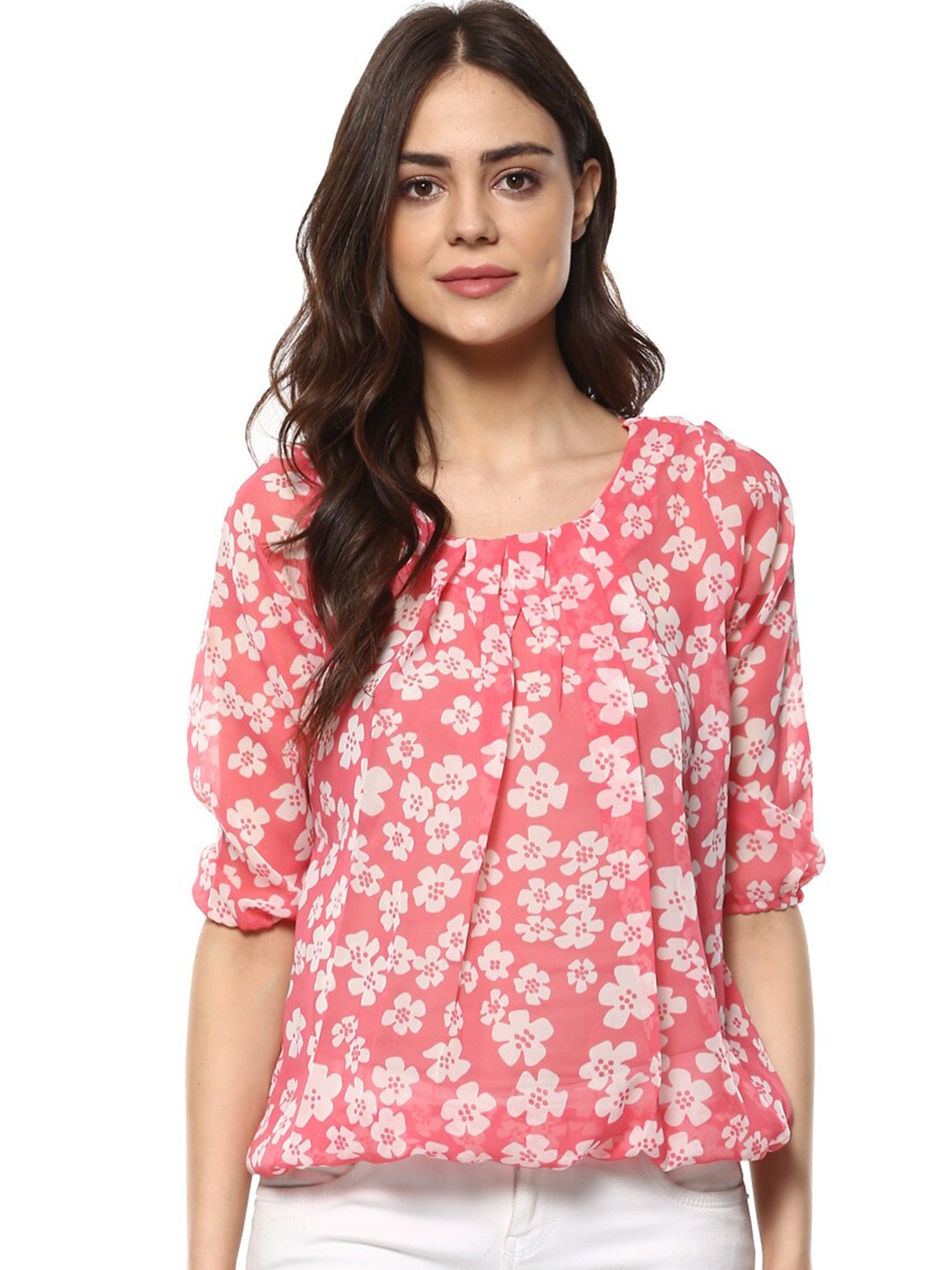 

Mayra Floral Printed Puff Sleeves Gathered Crepe Top, Pink