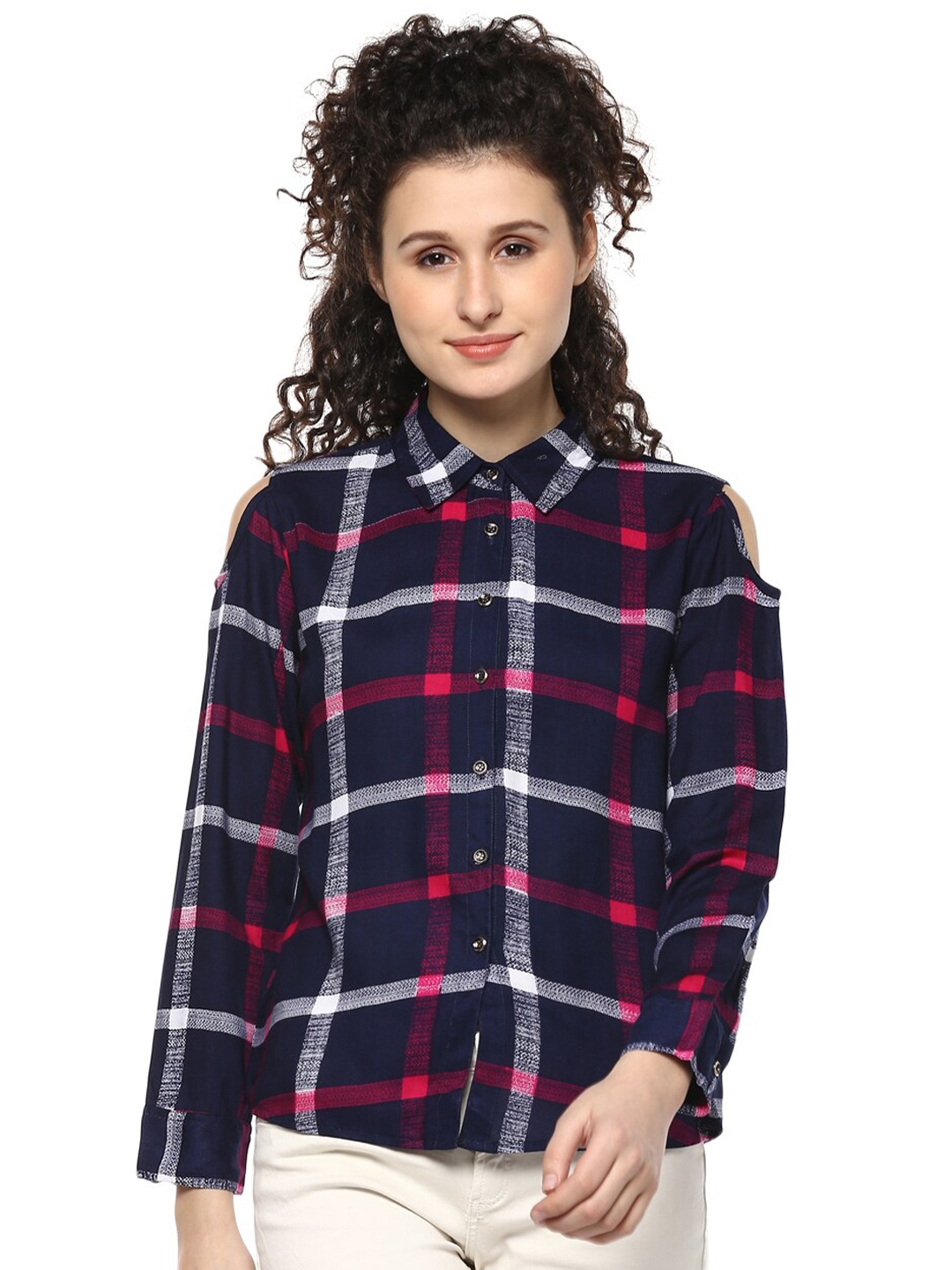 

Mayra Checked Spread Collar Casual Shirt, Navy blue