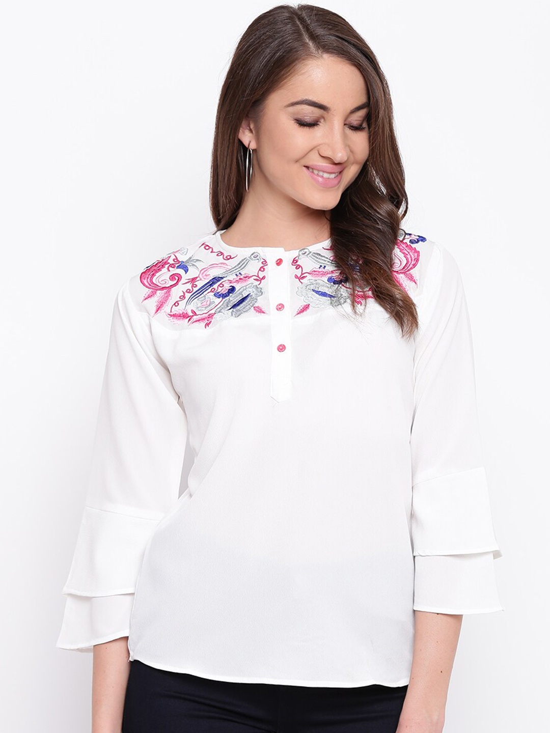 

Mayra Floral Embroidered Bell Sleeve Crepe Top, White