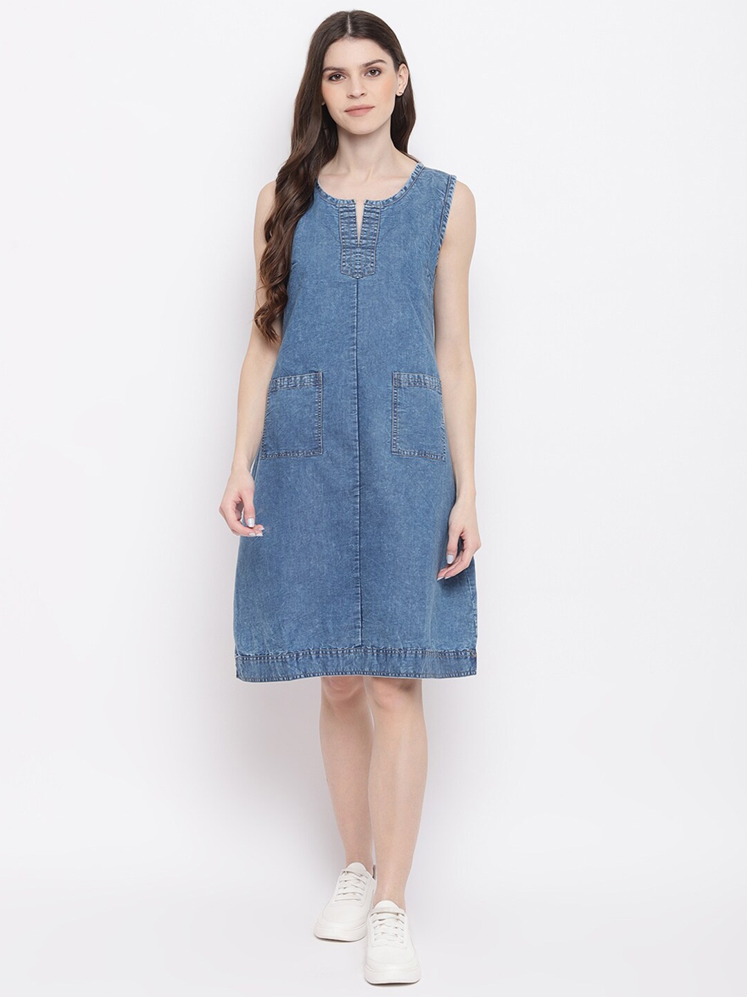 

Mayra Sleeveless Denim Cotton A-Line Dress, Blue