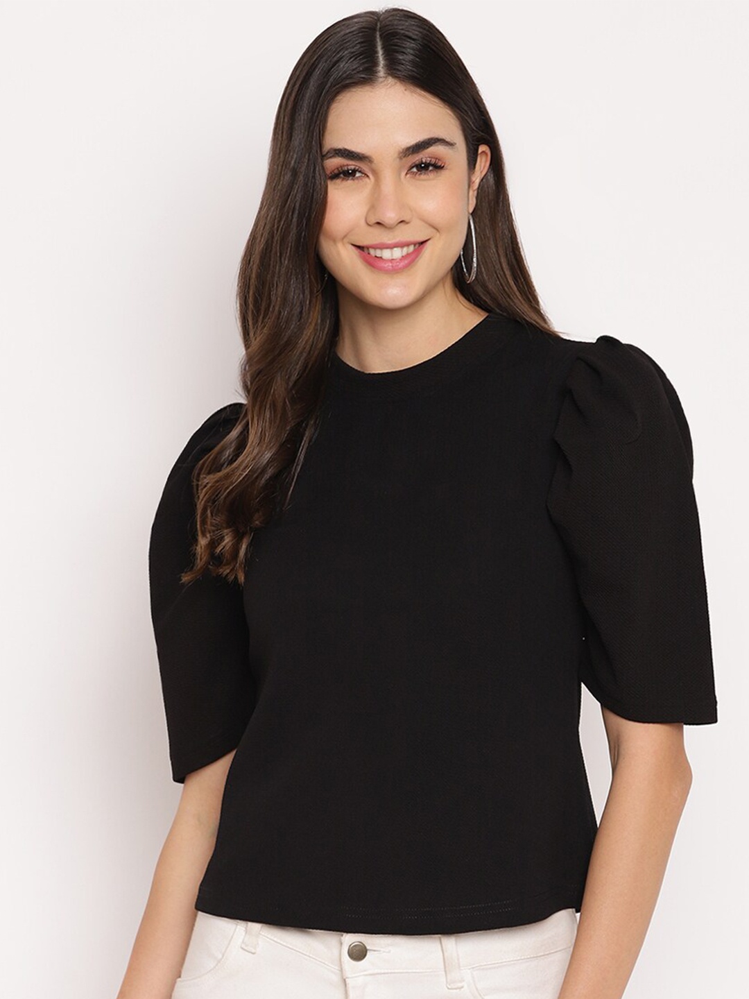 

Mayra Round Neck Puff Sleeves Top, Black