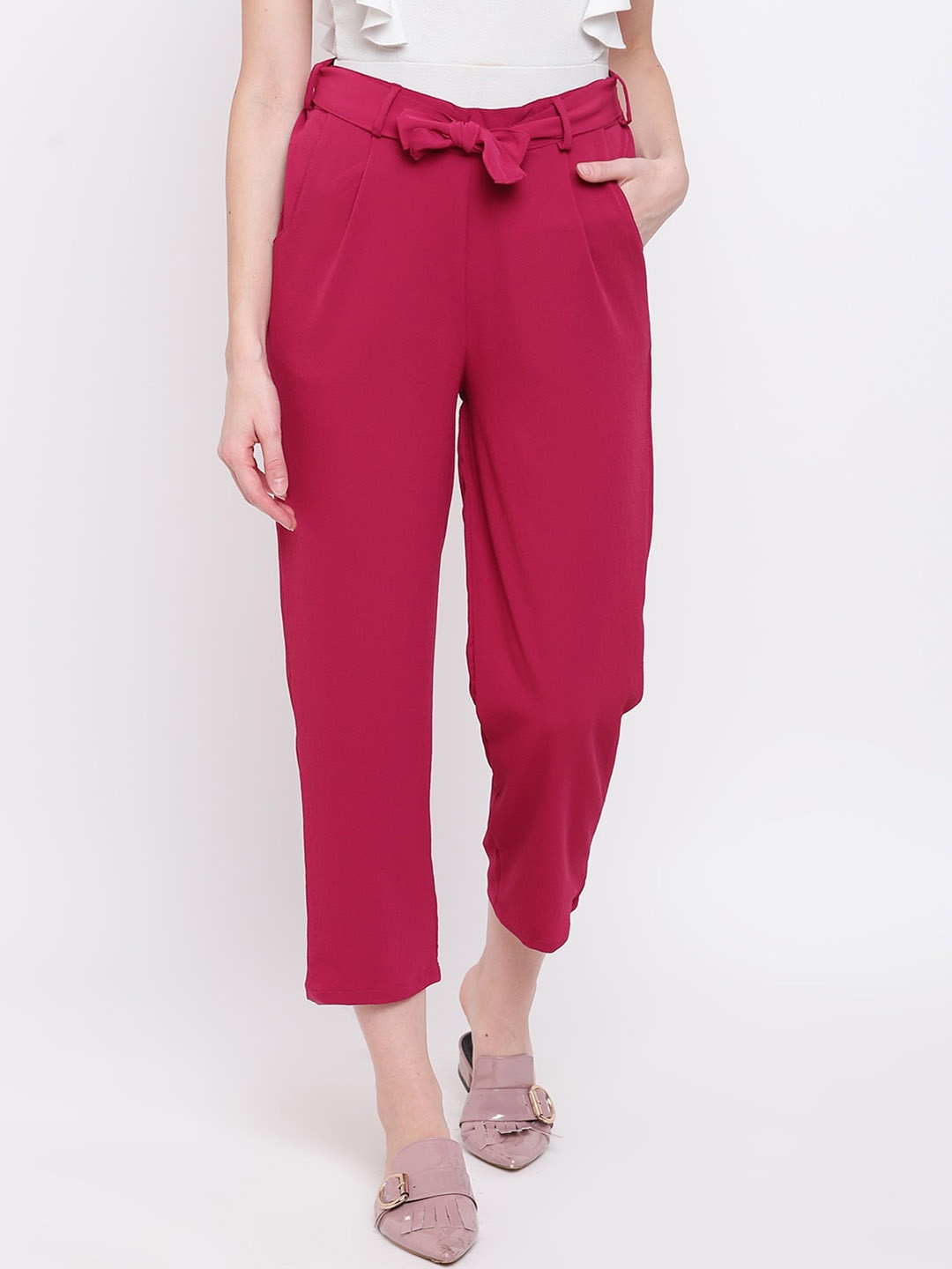 

Mayra Women Straight Fit Easy Wash Cropped Trousers, Fuchsia