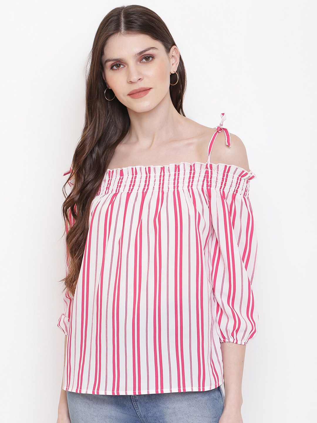 

Mayra Vertical Striped Cuffed Sleeves Bardot Top, Pink