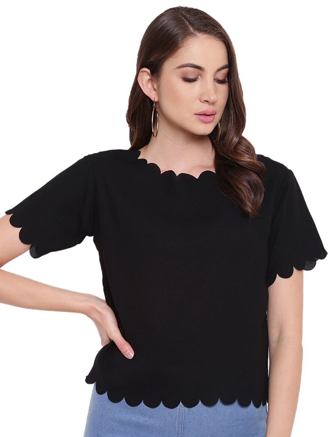 

Mayra Round Neck Crepe Top, Black