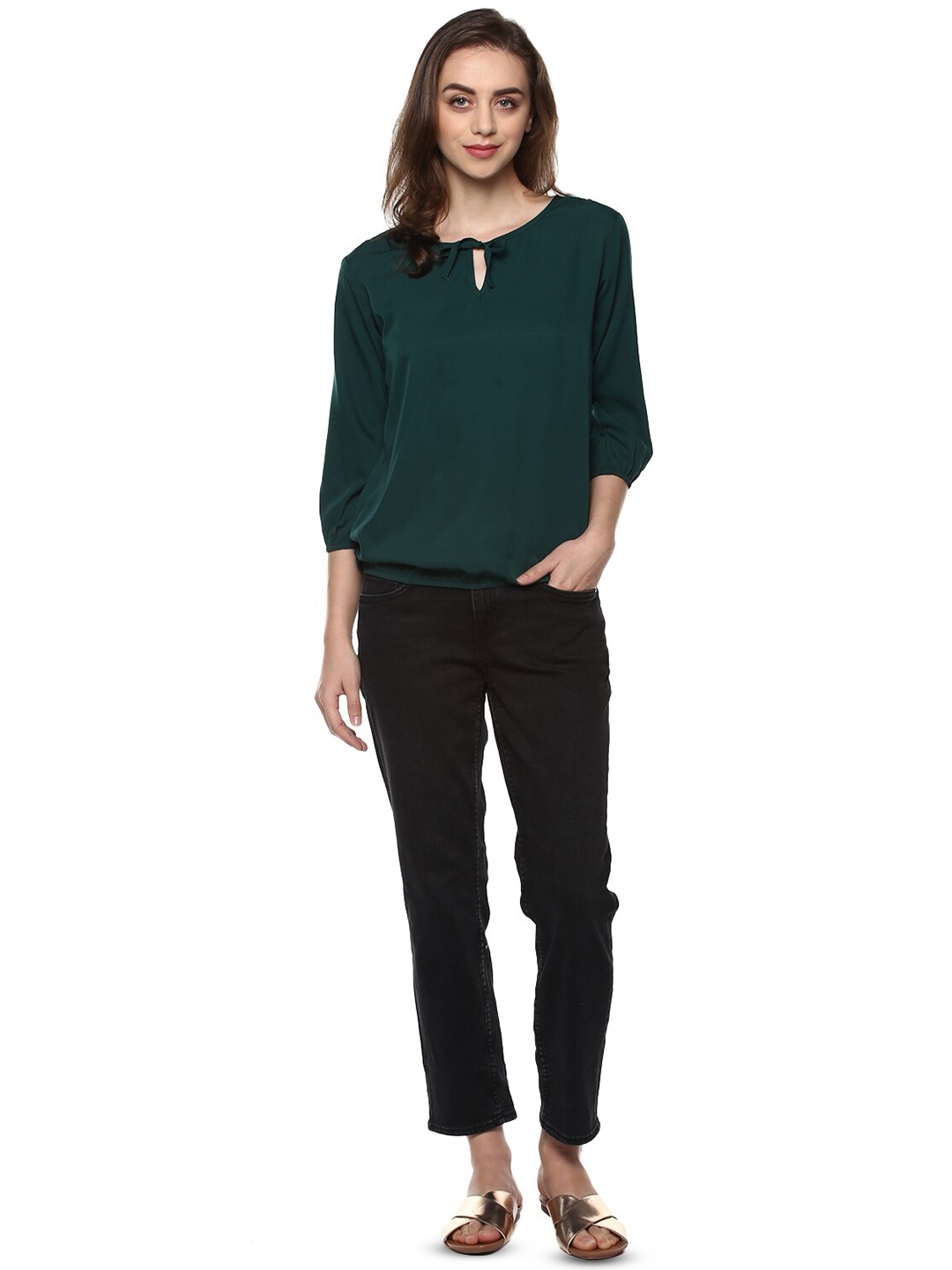 

Mayra Tie-Up Neck Puff Sleeves Crepe Top, Green