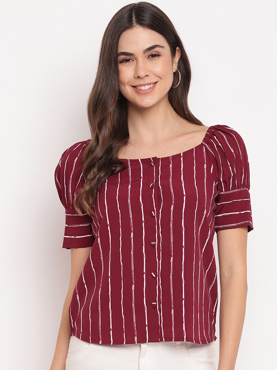 

Mayra Vertical Striped Square Neck Puff Sleeves Crepe Top, Maroon