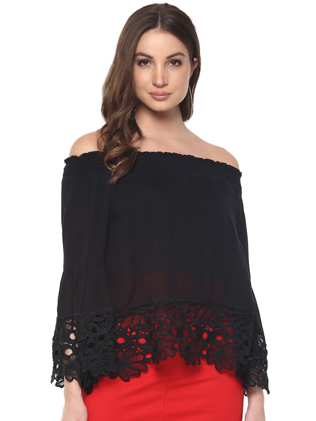 

Mayra Off-Shoulder Bell Sleeves Bardot Top, Black