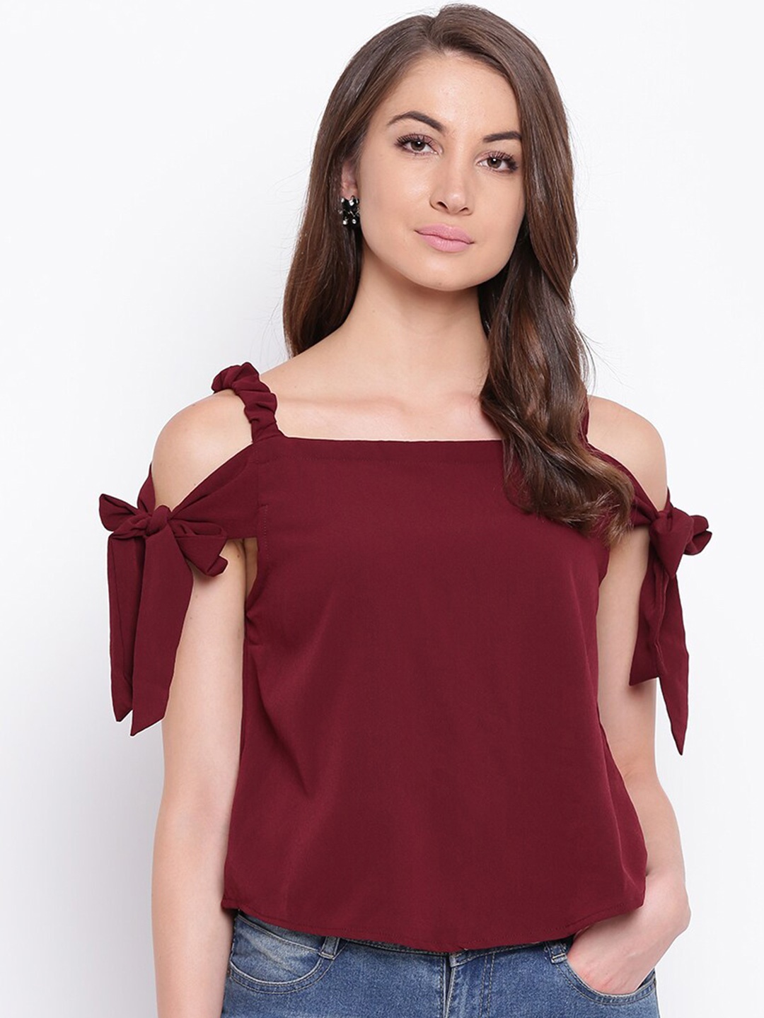 

Mayra Cold-Shoulder Crepe Top, Maroon