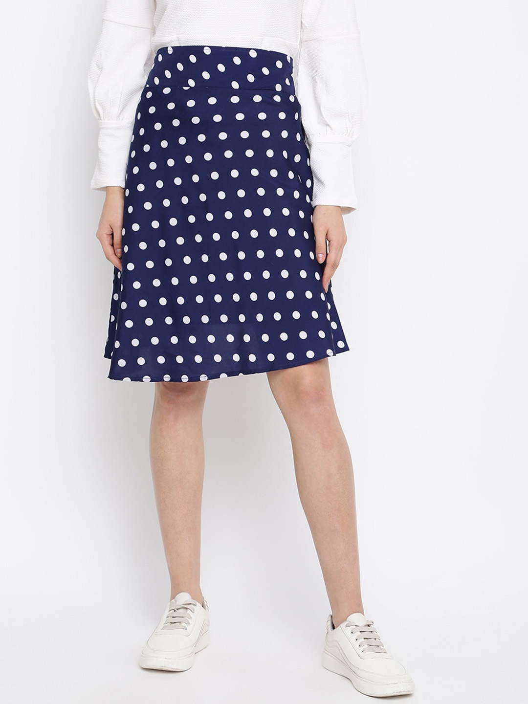 

Mayra Polka Dots Printed Knee-Length Flared Skirt, Navy blue