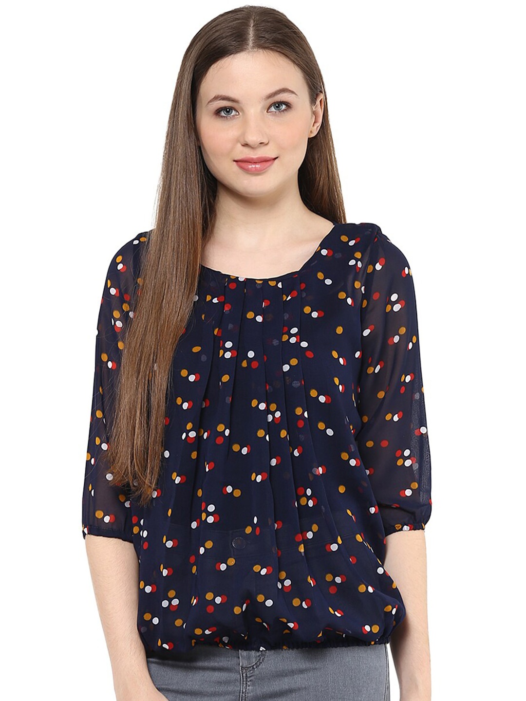 

Mayra Polka Dots Printed Cuffed Sleeves Gathered Semi Sheer Crepe Top, Navy blue