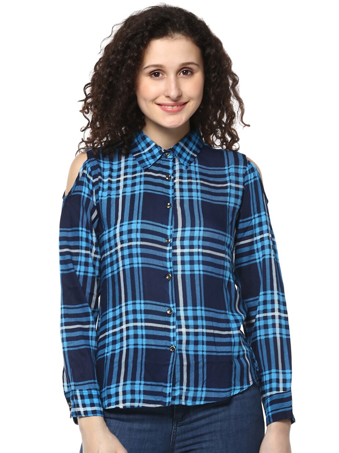 

Mayra Tartan Checks Spread Collar Casual Shirt, Blue