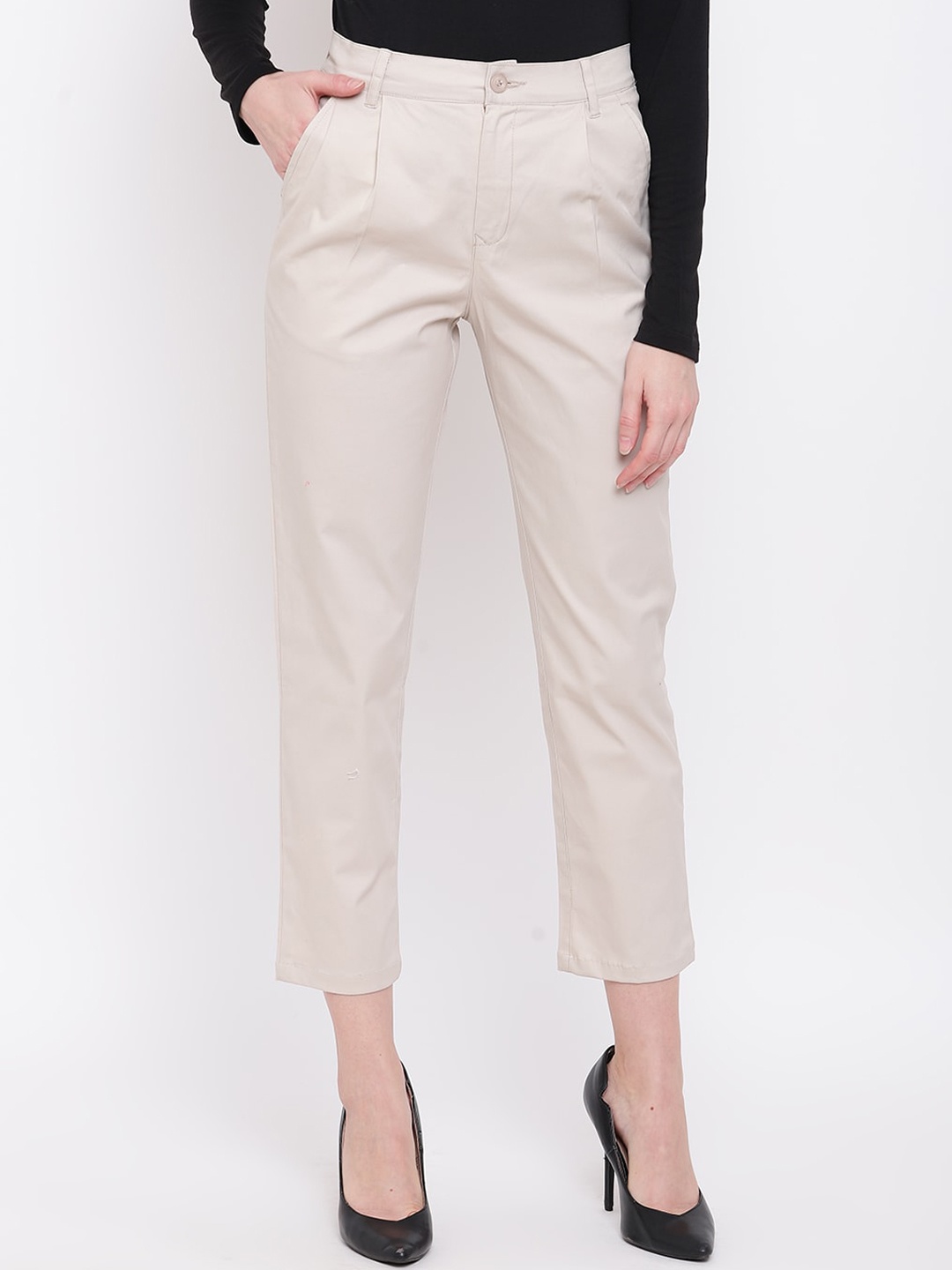 

Mayra Women Straight Fit Easy Wash Cotton Cropped Trousers, Cream