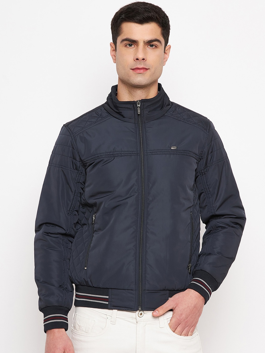 

Duke Long Sleeves Mock Collar Bomber Jacket, Blue