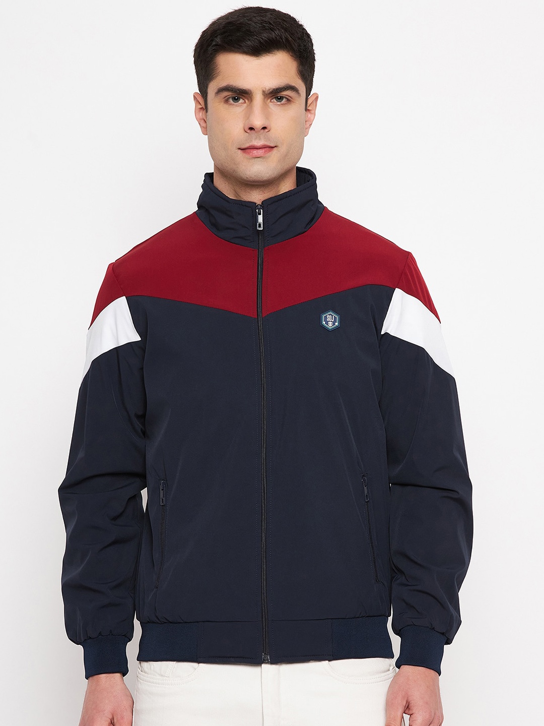 

Duke Colourblocked Long Sleeves Mock Collar Bomber Jacket, Navy blue