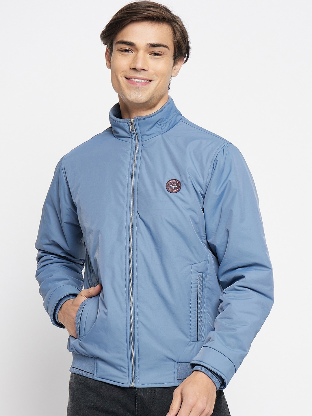 

Duke Long Sleeves Mock Collar Bomber Jacket, Blue