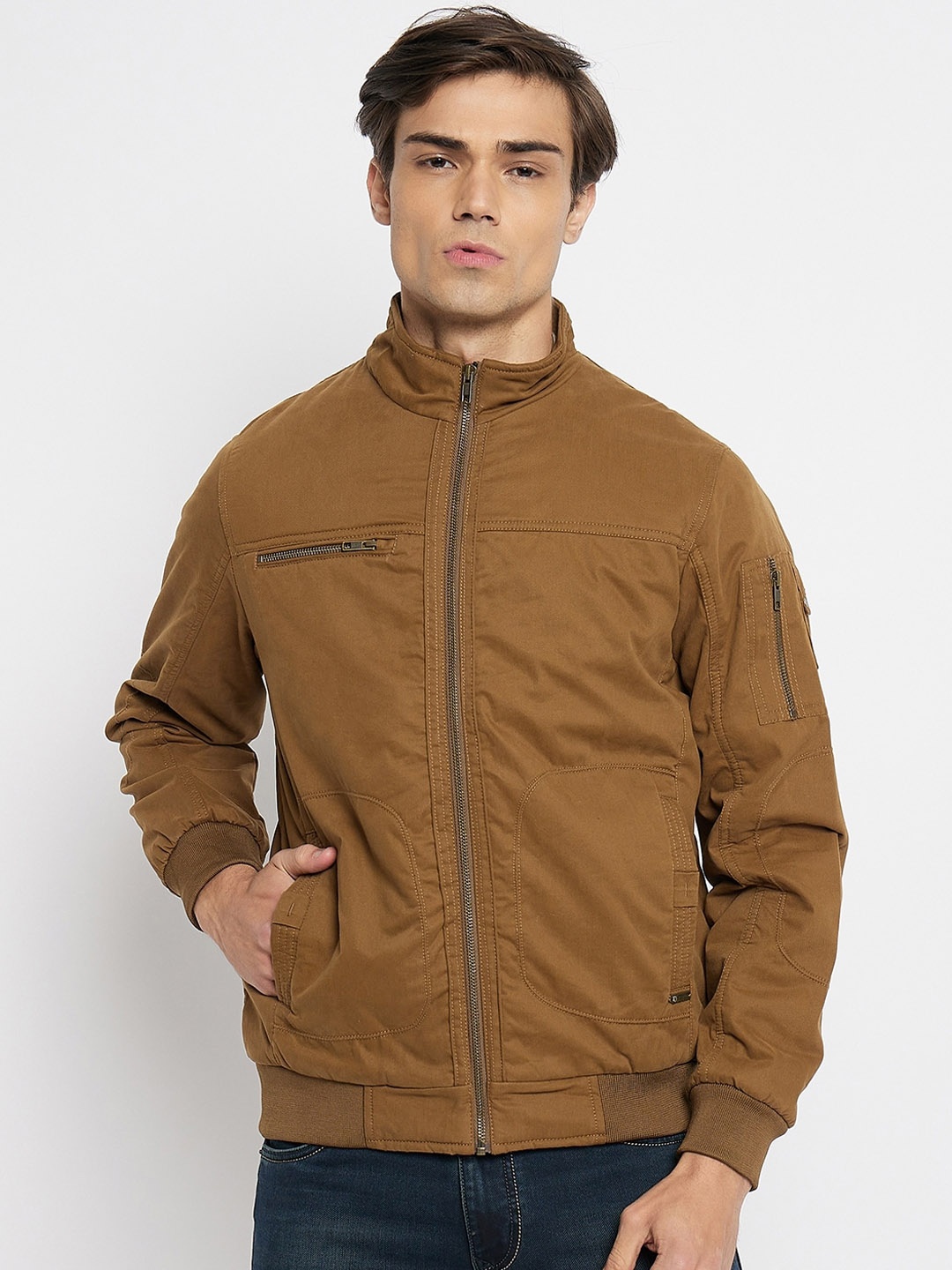 

Duke Long Sleeves Mock Collar Bomber Jacket, Brown