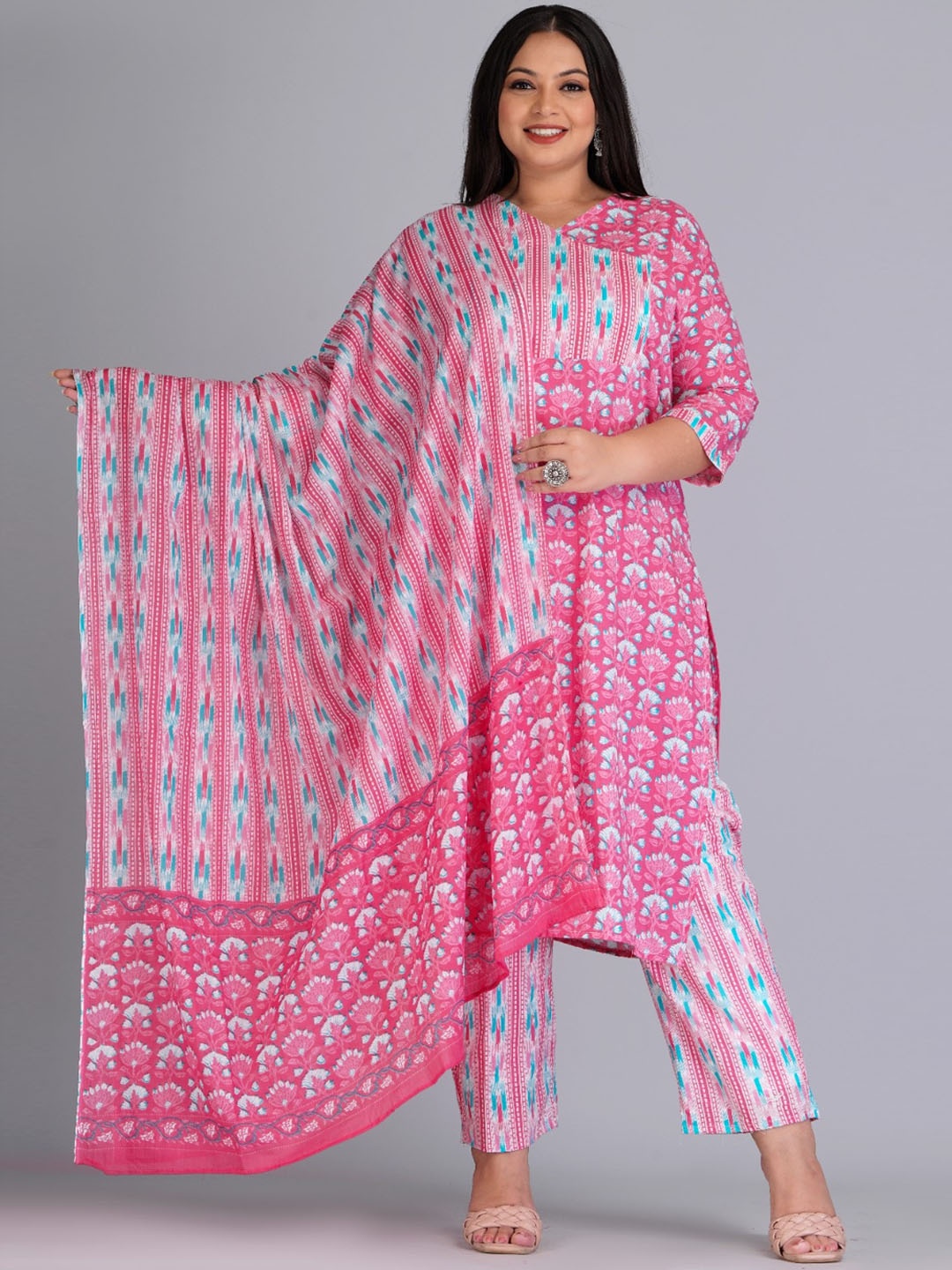 

Amayra Women Ethnic Motifs Printed Straight Pure Cotton Kurta with Trousers & Dupatta, Pink