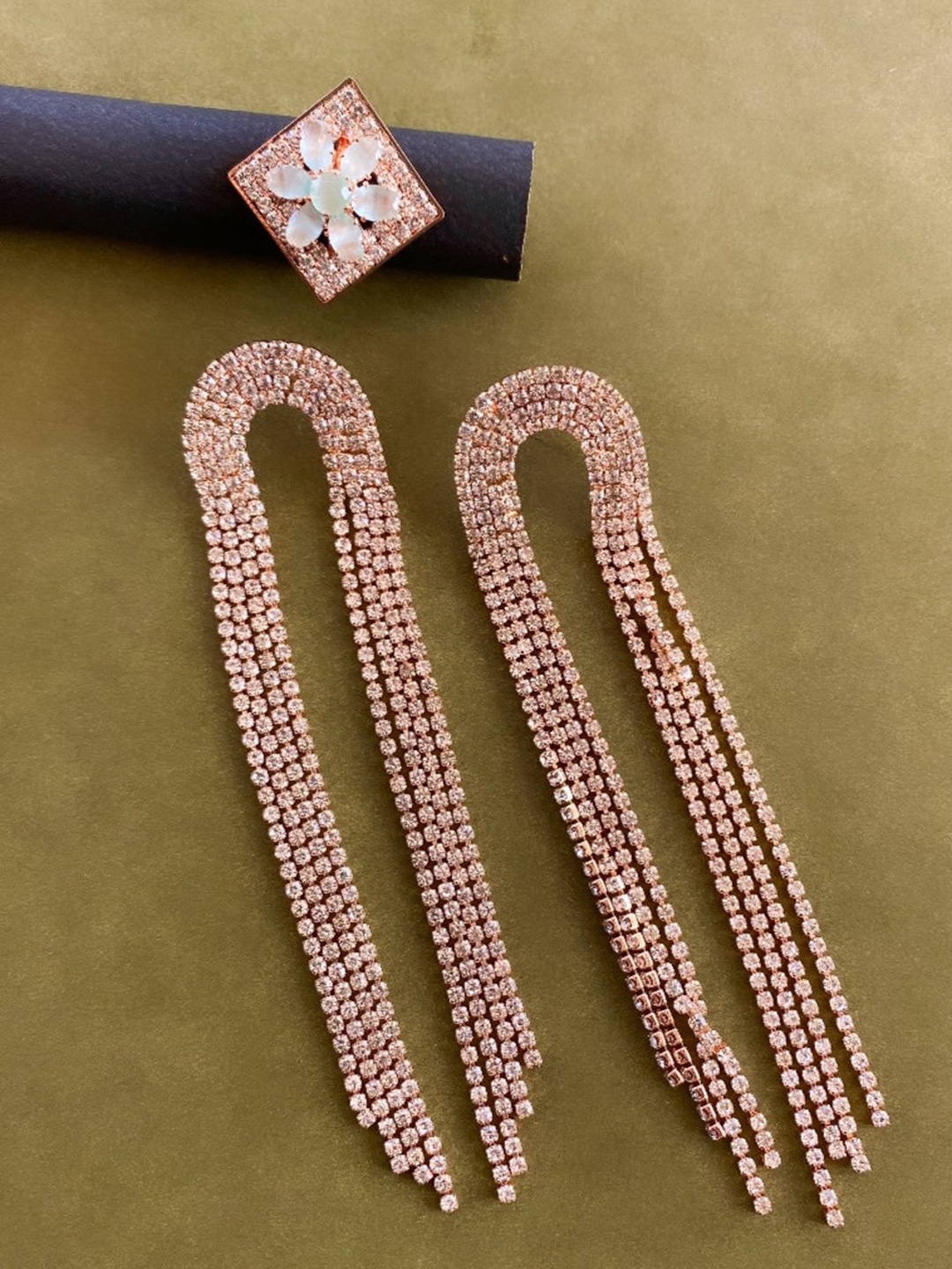 

ATIBELLE Rose Gold Plated Stones Studded Floral Shaped Ring & Earrings Jewellery Set