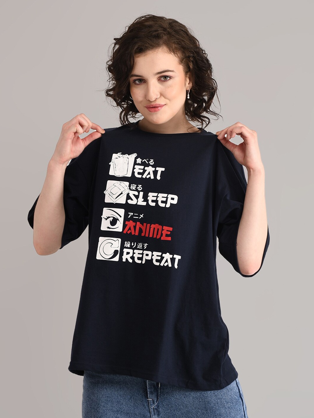 

ABSOLUTE DEFENSE Typography Printed Drop-Shoulder Sleeves Oversized Pure Cotton T-shirt, Navy blue