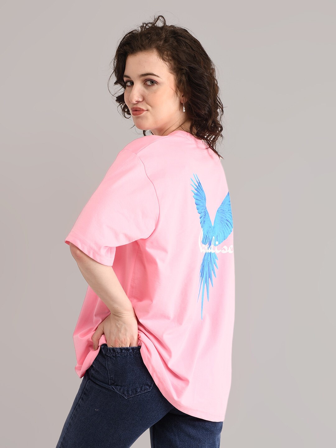 

ABSOLUTE DEFENSE Graphic Printed Drop-Shoulder Sleeves Oversized Pure Cotton T-shirt, Pink