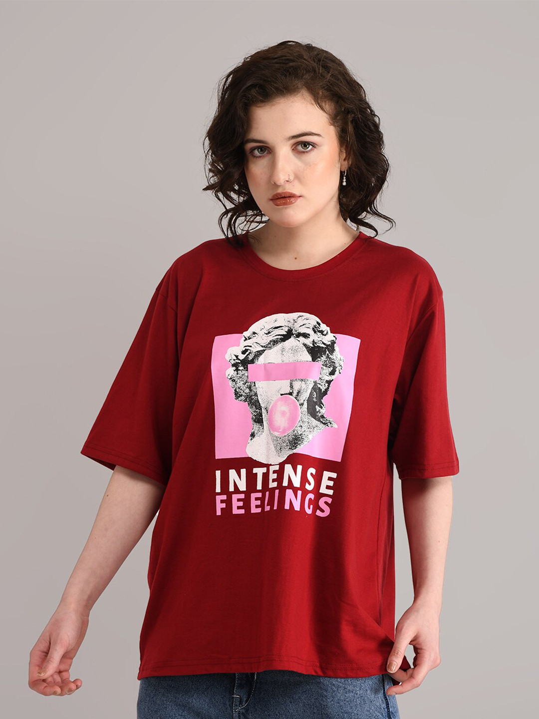 

ABSOLUTE DEFENSE Graphic Printed Drop-Shoulder Sleeves Pure Cotton Oversized T-shirt, Maroon