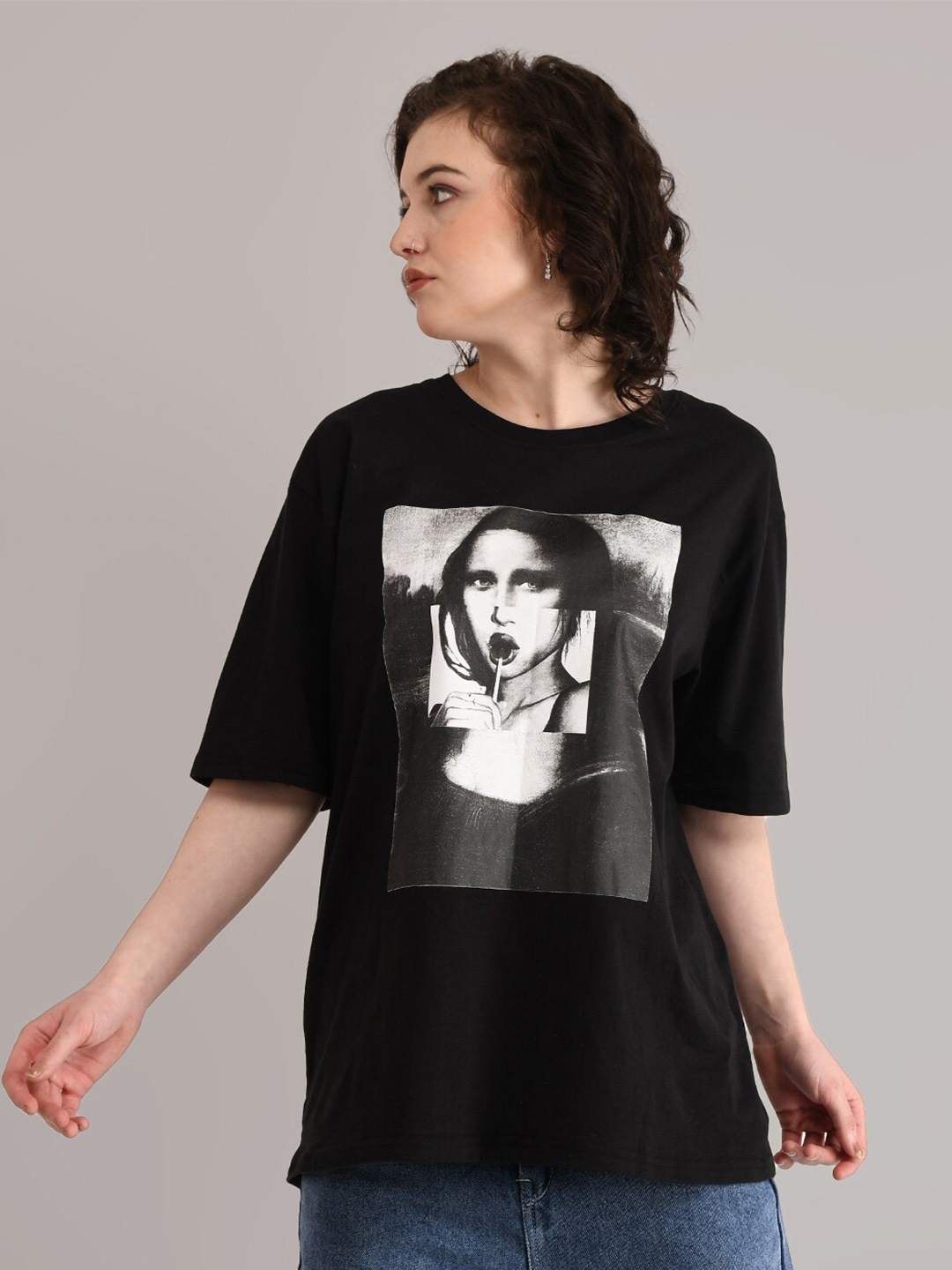 

ABSOLUTE DEFENSE Graphic Printed Round Neck Short Sleeves Pure Cotton Oversized T-shirt, Black